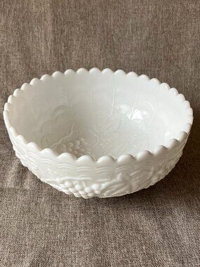 Vintage Imperial Glass 8-1/2" White Milk Glass Bowl Embossed Grape Scallop Edge